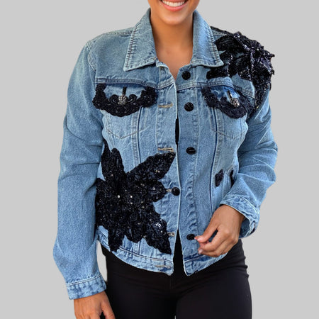 denim jacket with black floral beaded appliqué
