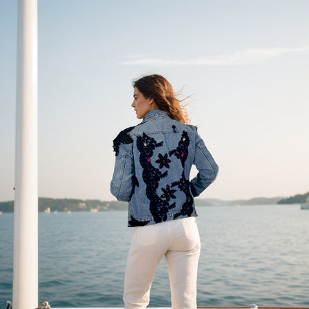 Elegant women’s denim jacket with hand-decorated details