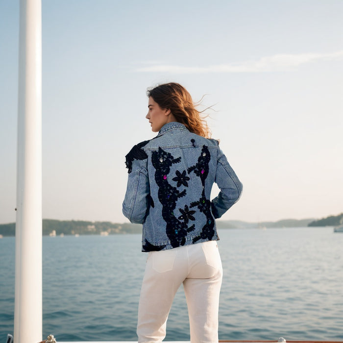 Elegant women’s denim jacket with hand-decorated details