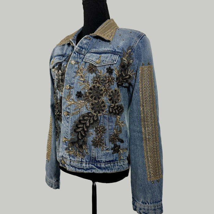 embellished denim jacket handcrafted with gold embroidery