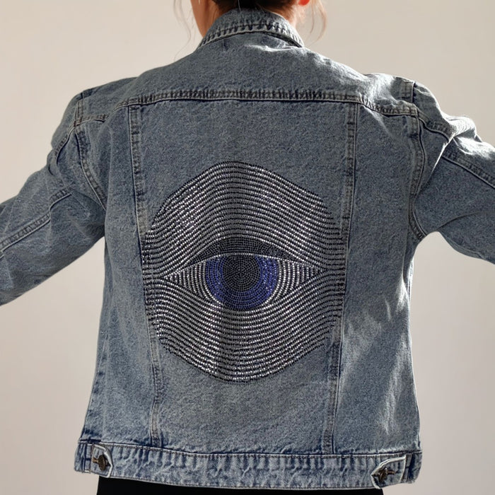 Evil Eye Design Denim Jacket with Rhinestones | Unique | Size: L | Missey & Daff