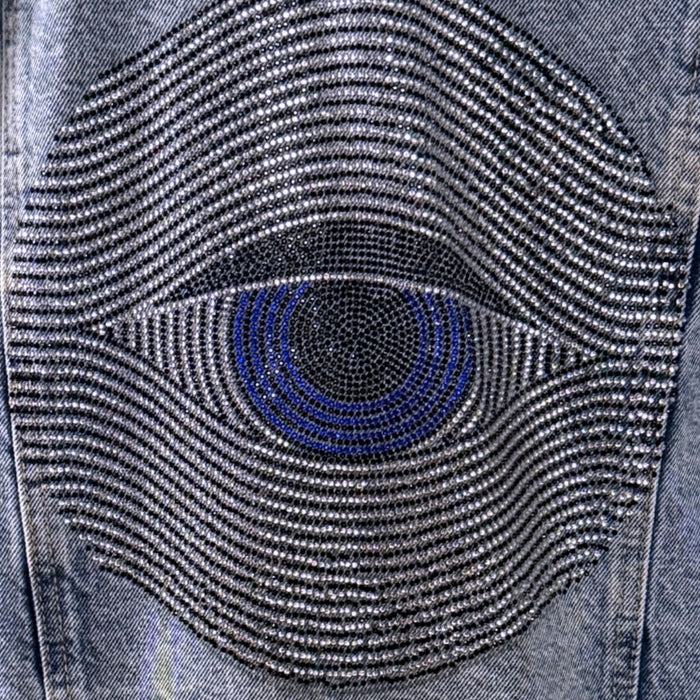 Evil Eye Design Denim Jacket with Rhinestones | Unique | Size: L | Missey & Daff