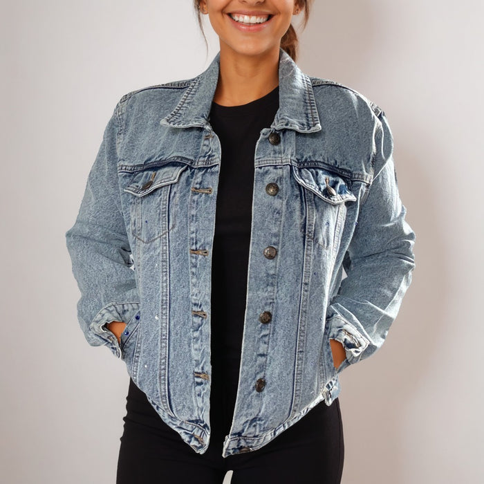 Evil Eye Design Denim Jacket with Rhinestones | Unique | Size: L | Missey & Daff