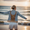 women’s gold embellished denim jacket with beads and appliqué