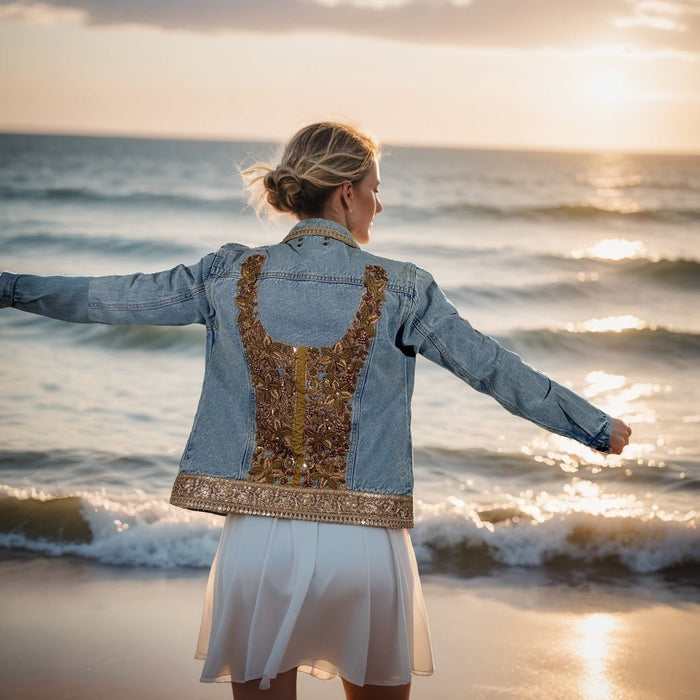 women’s gold embellished denim jacket with beads and appliqué