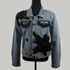 front view of denim jacket with black lace appliqué and sequin embellishments