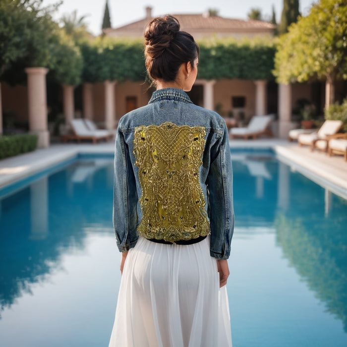 Glamorous women’s denim outerwear with crystal accents
