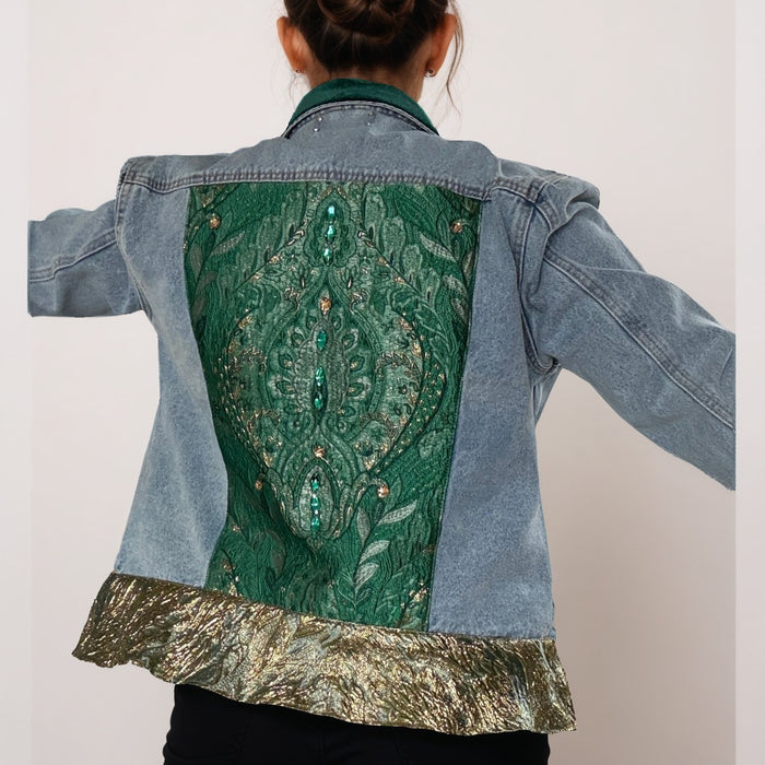 Green Velvet & Gold Ruffle Hand-Embellished Denim Jacket | Unique | Size: L | Missey & Daff