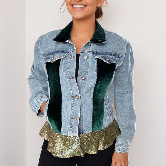 Green Velvet & Gold Ruffle Hand-Embellished Denim Jacket | Unique | Size: L | Missey & Daff