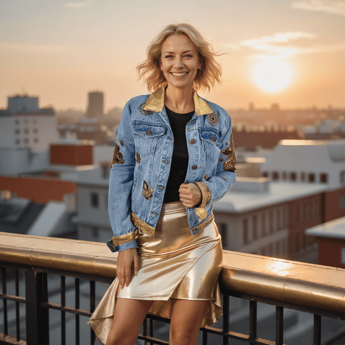 Hand-sewn embellishments on luxury women’s denim jacket