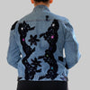 denim jacket with black floral beaded appliqué