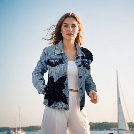 Limited release couture denim jacket with luxe embellishments