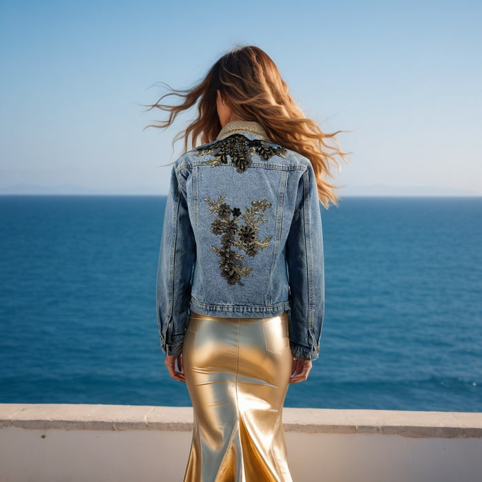 Luxury women’s denim jacket with intricate hand embellishments