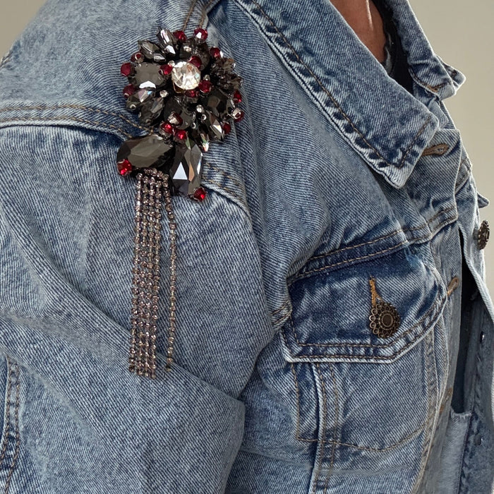 Red Rose Crystal Rhinestone Hand-Embellished Denim Jacket | Unique | Size: L | Missey & Daff