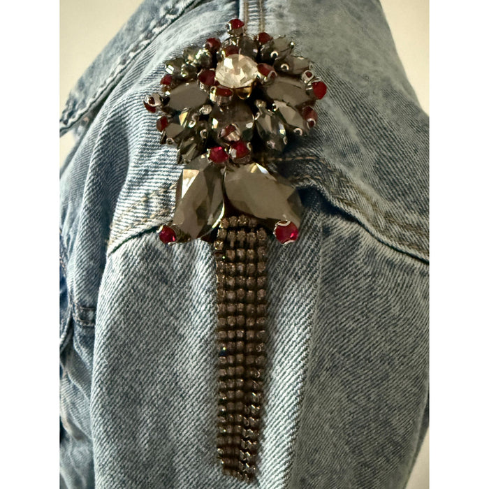 Red Rose Crystal Rhinestone Hand-Embellished Denim Jacket | Unique | Size: L | Missey & Daff