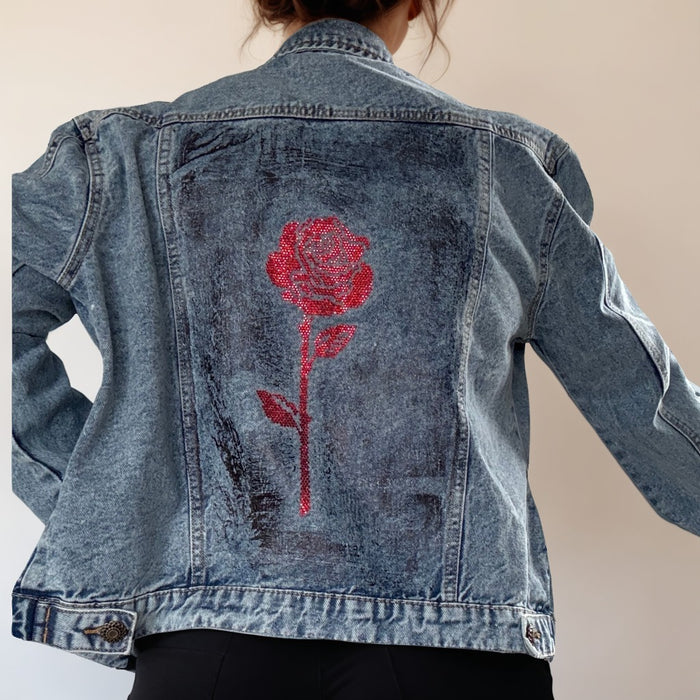 Red Rose Crystal Rhinestone Hand-Embellished Denim Jacket | Unique | Size: L | Missey & Daff