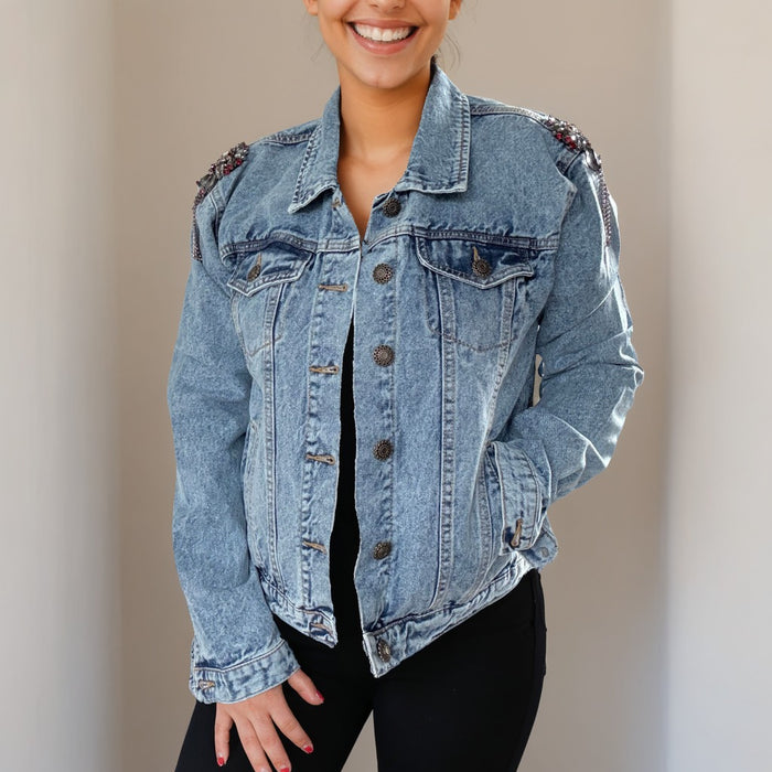 Red Rose Crystal Rhinestone Hand-Embellished Denim Jacket | Unique | Size: L | Missey & Daff