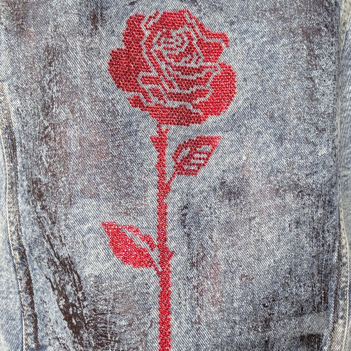 Red Rose Crystal Rhinestone Hand-Embellished Denim Jacket | Unique | Size: L | Missey & Daff
