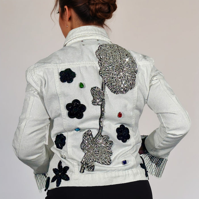 White Handmade Denim Jacket Embellished with Crystal Appliqué and Fringe Sleeves | Unique| Missey & Daff