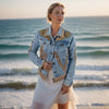 women’s gold embellished denim jacket with beads and appliqué