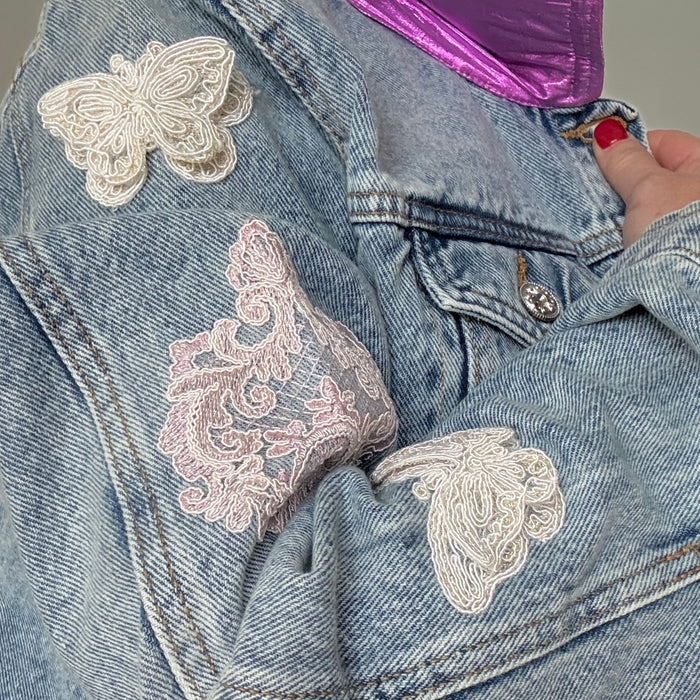 Hand-Embellished Denim Jacket with Satin Panel and Lace Appliqué | Unique | Size: L | Missey & Daff
