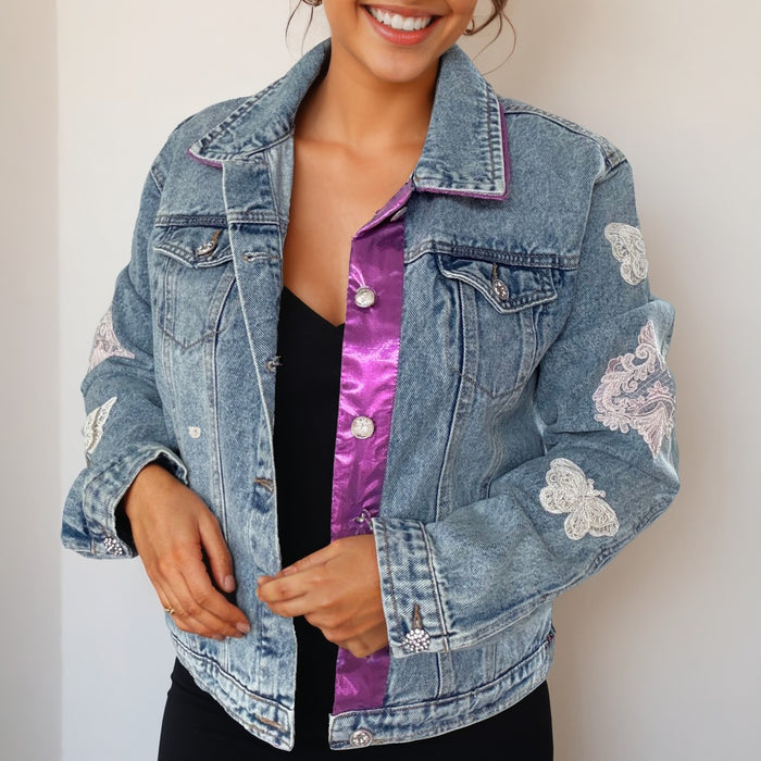 Hand-Embellished Denim Jacket with Satin Panel and Lace Appliqué | Unique | Size: L | Missey & Daff