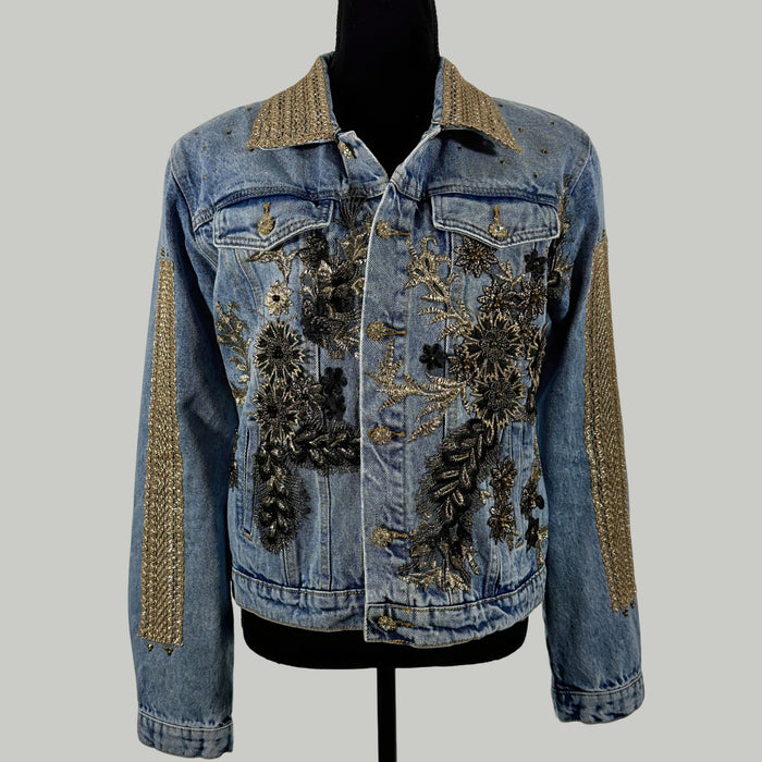 uxury black & gold boho festival denim jacket with floral appliqué