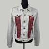 white denim jacket with red beaded embellishments front view
