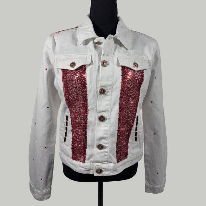 white denim jacket with red beaded embellishments front view