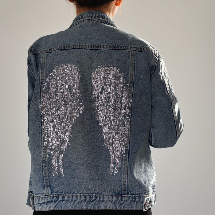 Angel Wings Denim Jacket | Crystal Rhinestone Back Detail | Unique | Size: M | Missey & Daff