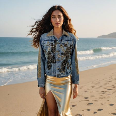 women’s embellished denim jacket handmade with gold embroidery