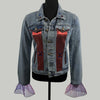 women’s statement denim jacket with jewel appliqués and sheer cuffs