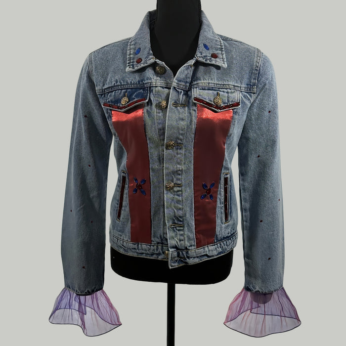 women’s statement denim jacket with jewel appliqués and sheer cuffs